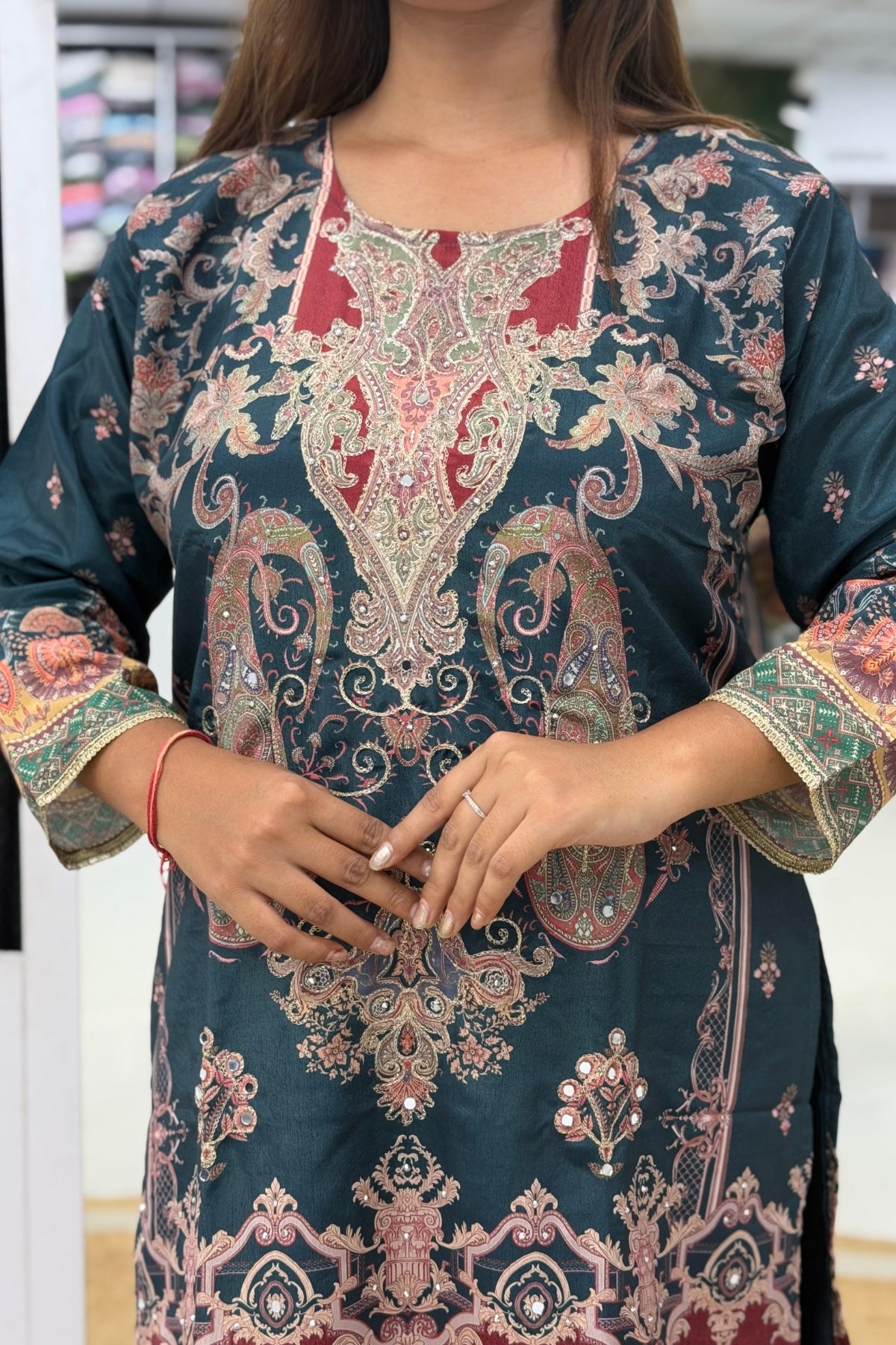Premium Silk Floral Printed Kurta Set with Mirror Work, Palazzo Pants & Tassel Dupatta