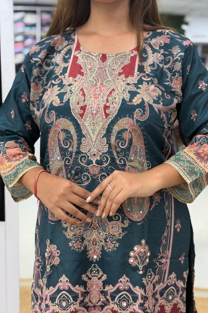 Premium Silk Floral Printed Kurta Set with Mirror Work, Palazzo Pants & Tassel Dupatta