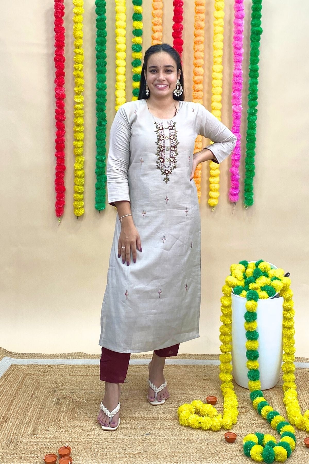 Roman Silk Grey Kurti with Maroon Pant & Banarasi Dupatta