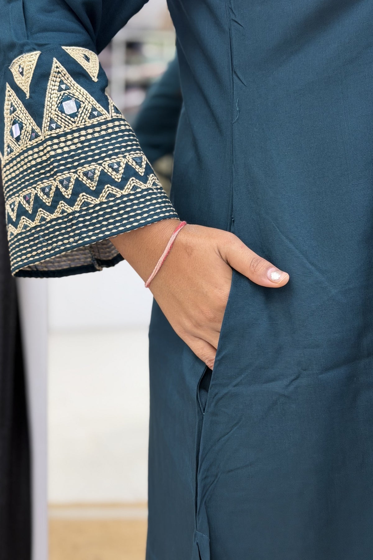 Suvi Slub Cotton A-Line Kurta Set with Geometric Embroidery & Wide Pants