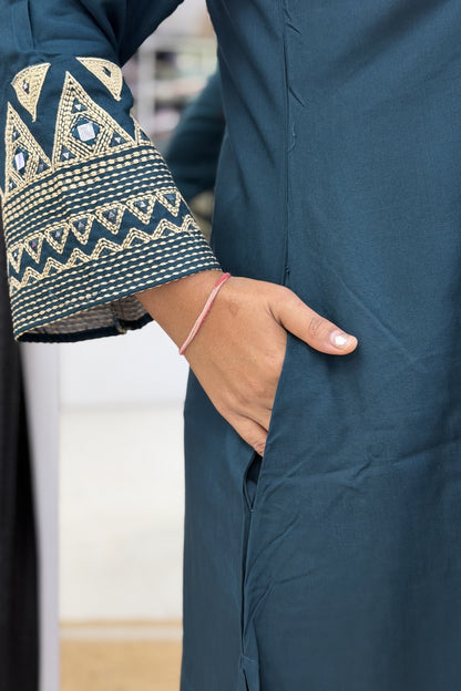 Suvi Slub Cotton A-Line Kurta Set with Geometric Embroidery & Wide Pants