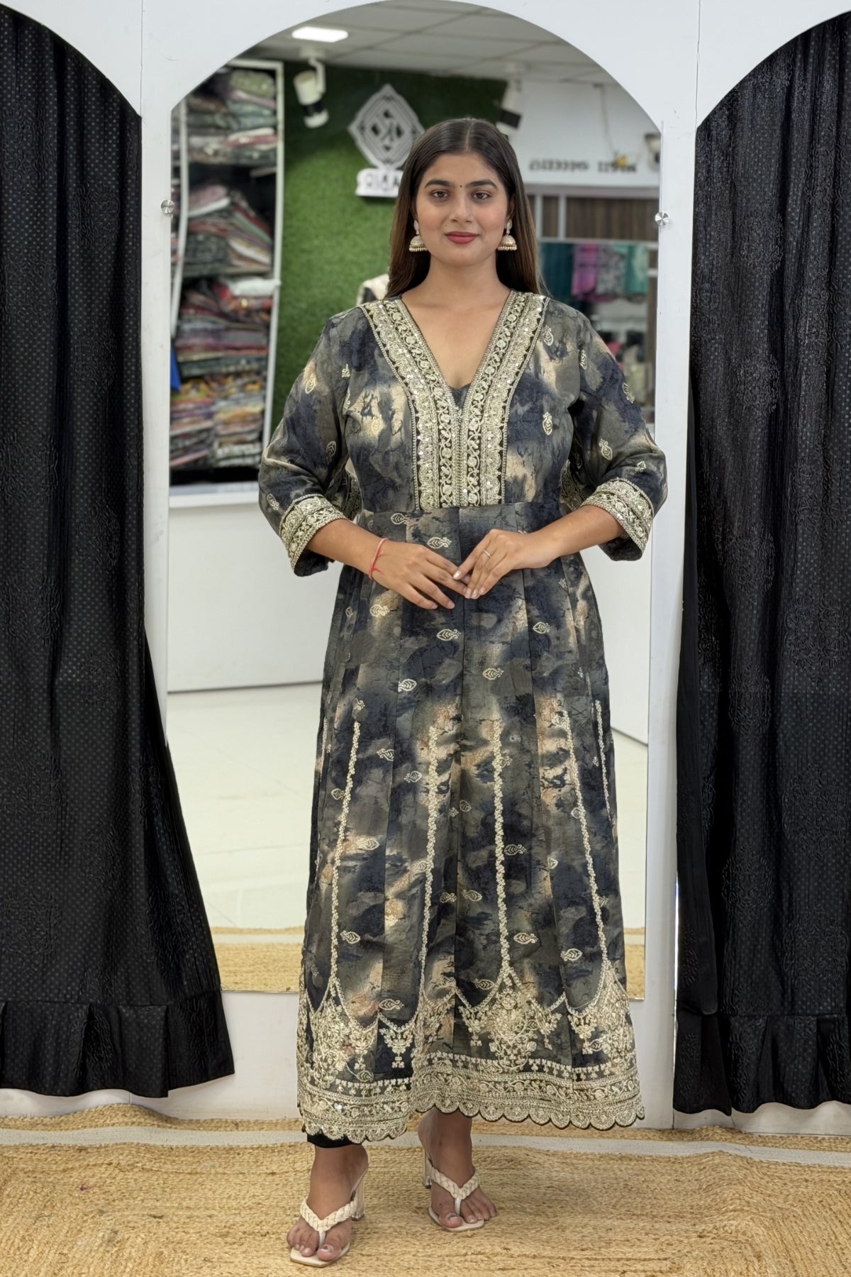 Heavy Rayon Tie-Dye Print V-Neck Full Ghera Anarkali Kurti Pant Set