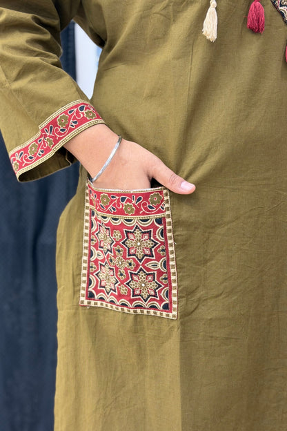 Plus Size Pure Cotton Kurta Palazzo Dupatta Set with Ajrak Patch Wor