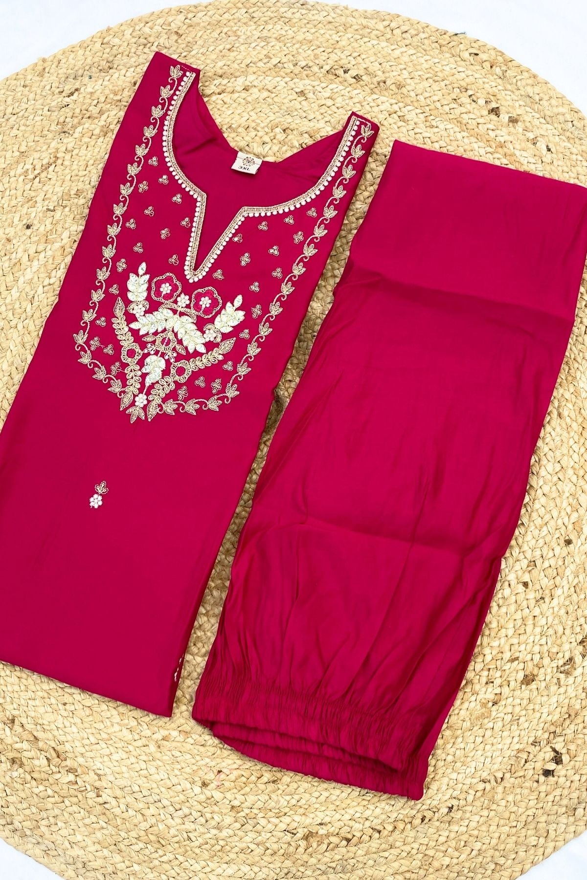 Roman Silk Kurti Pant Dupatta Set with Gotapatti Embroidered Neckline & Banarasi Dupatta