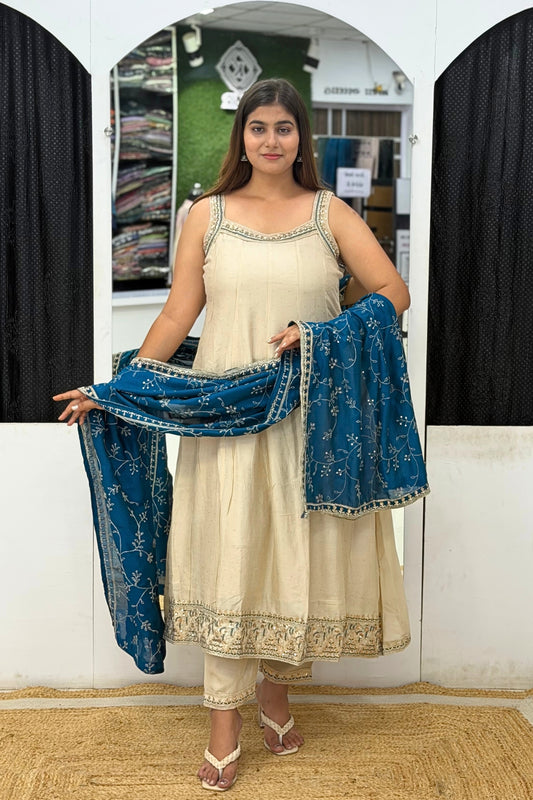 Roman Silk Sleeveless Anarkali Suit Set with Tikki Work & Contrast Embroidered Dupatta