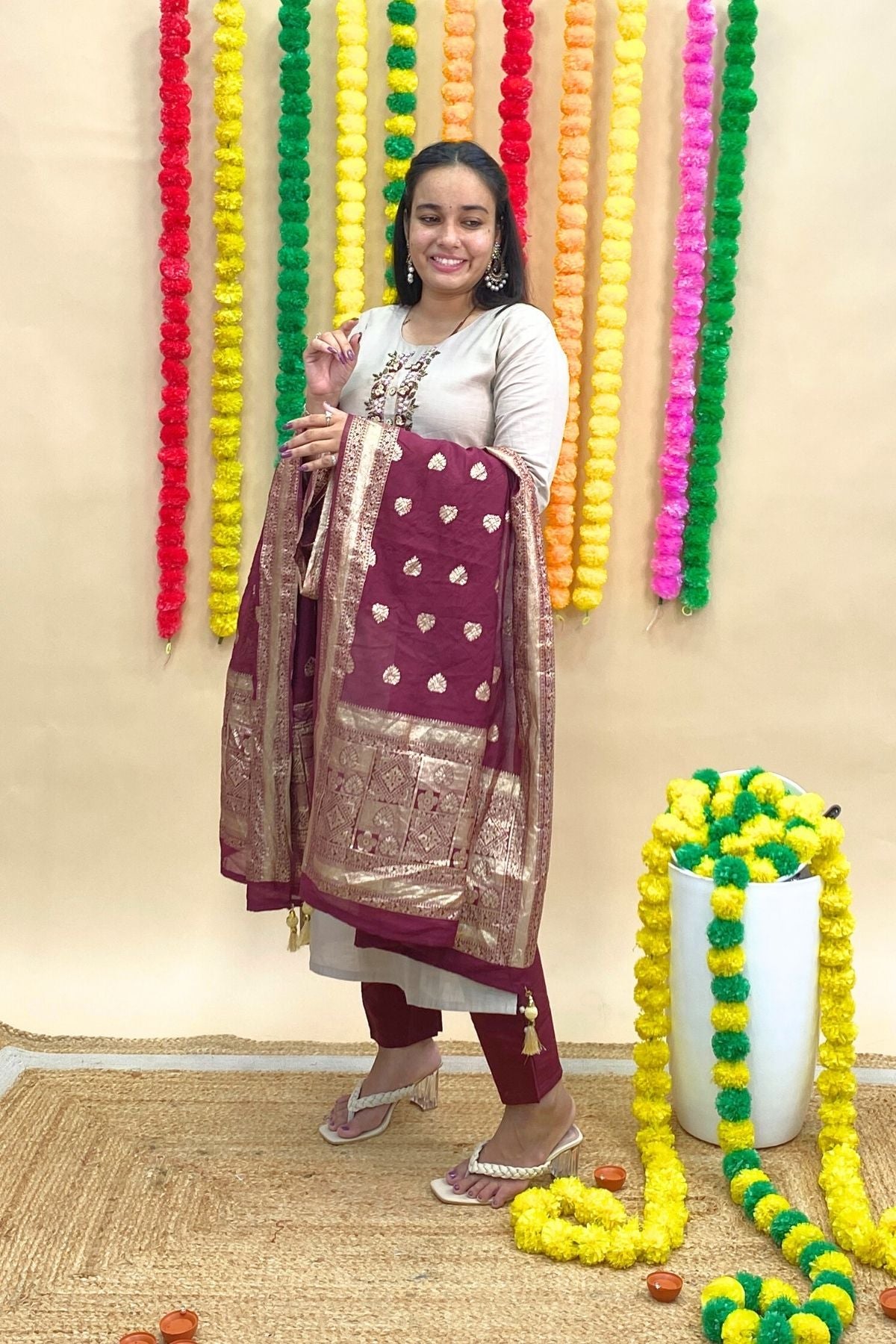 Roman Silk Grey Kurti with Maroon Pant & Banarasi Dupatta