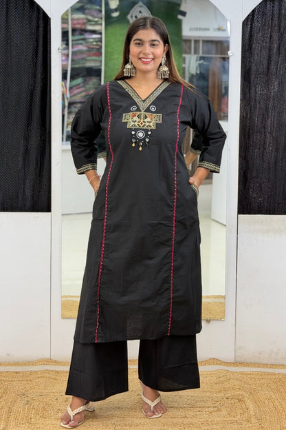 Premium Cotton A-Line Kurta Semi Palazzo Dupatta Set with Cutdana, Mirror Work & V-Neck