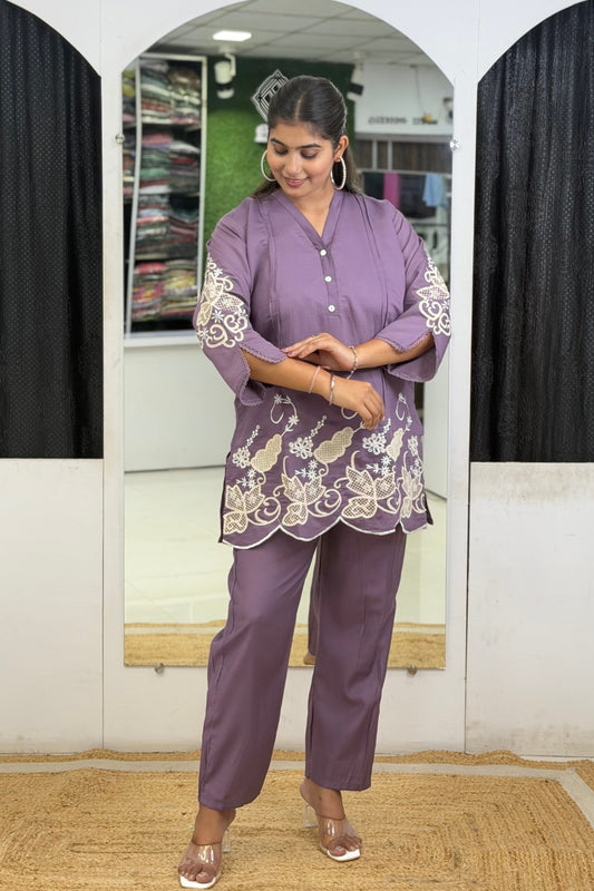 Cotton Flex Embroidered Short Tunic Trouser Cord Set with Heavy Thread Work