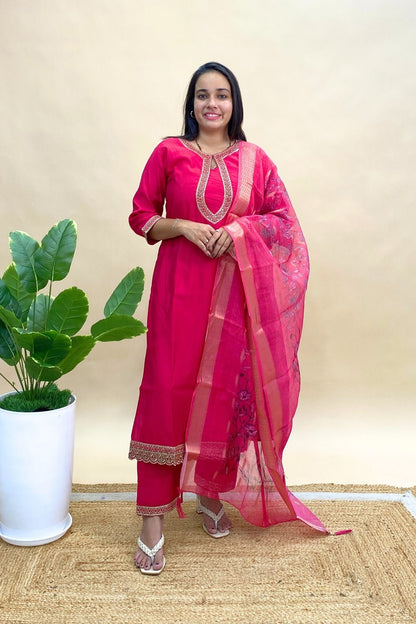 Silk Kurta Pant Set with Organza Dupatta & Elegant Neck Design, Perfect for Festive Wear