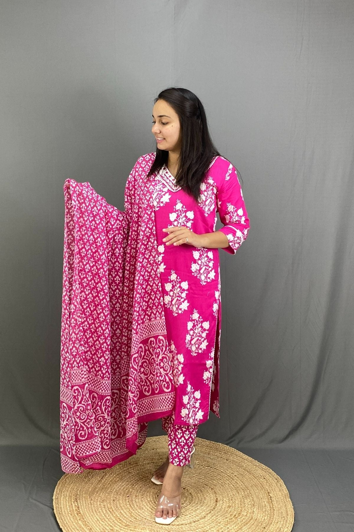 Graceful Block Printed V-Neck Cotton Kurta Set with Mal Cotton Dupatta