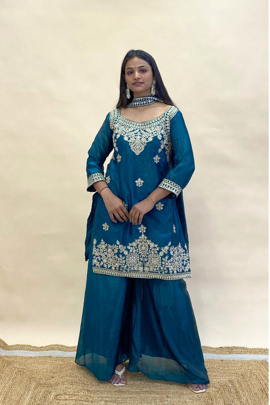 Embroidered Short Kurti Palazzo Set with Neck Dupatta | Zari, Dori & Sequin Work