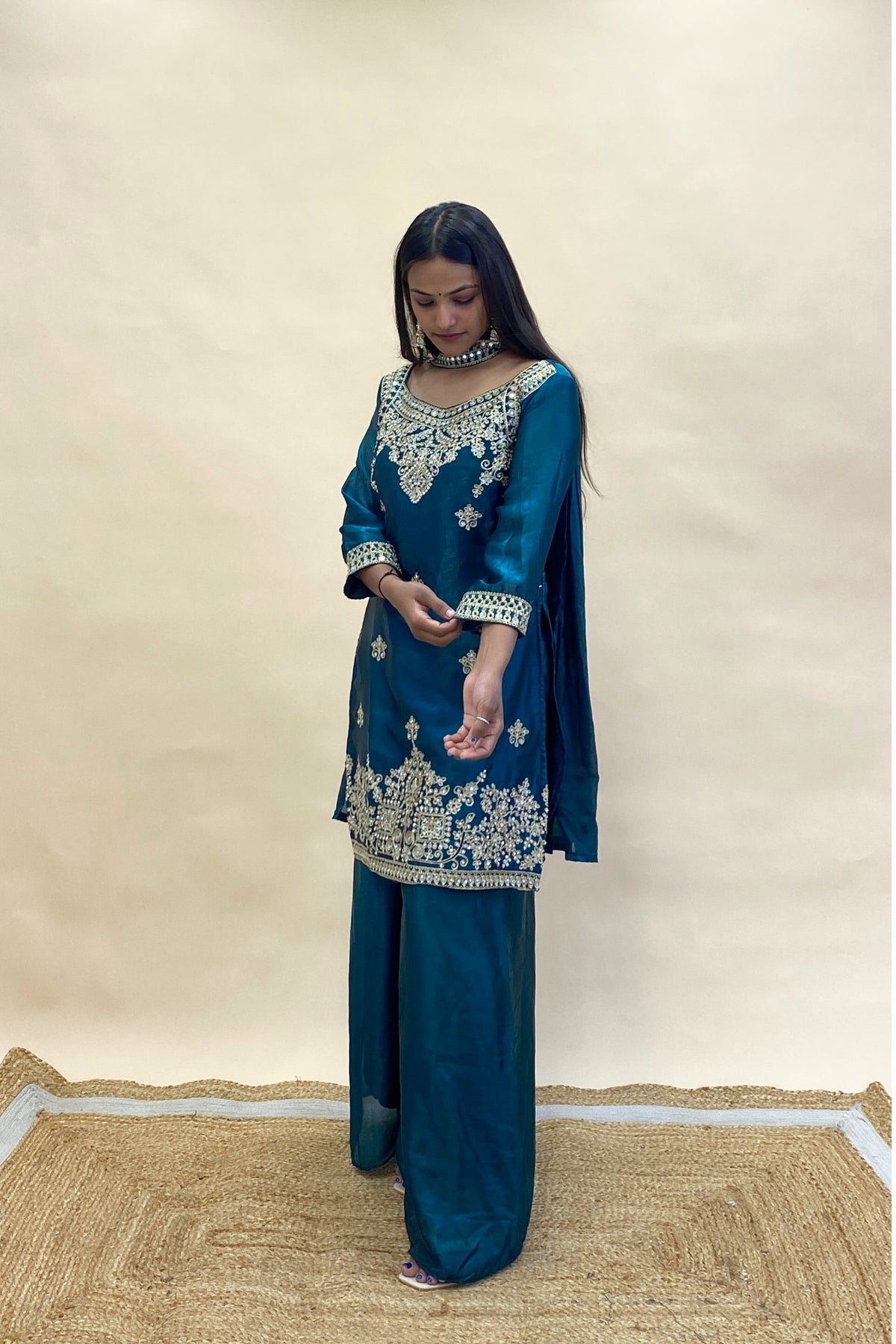 Embroidered Short Kurti Palazzo Set with Neck Dupatta | Zari, Dori & Sequin Work