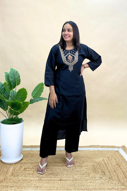 Cotton Kurti Pant Set with Banarasi Dupatta & Embroidered Neck, Perfect for festive wear