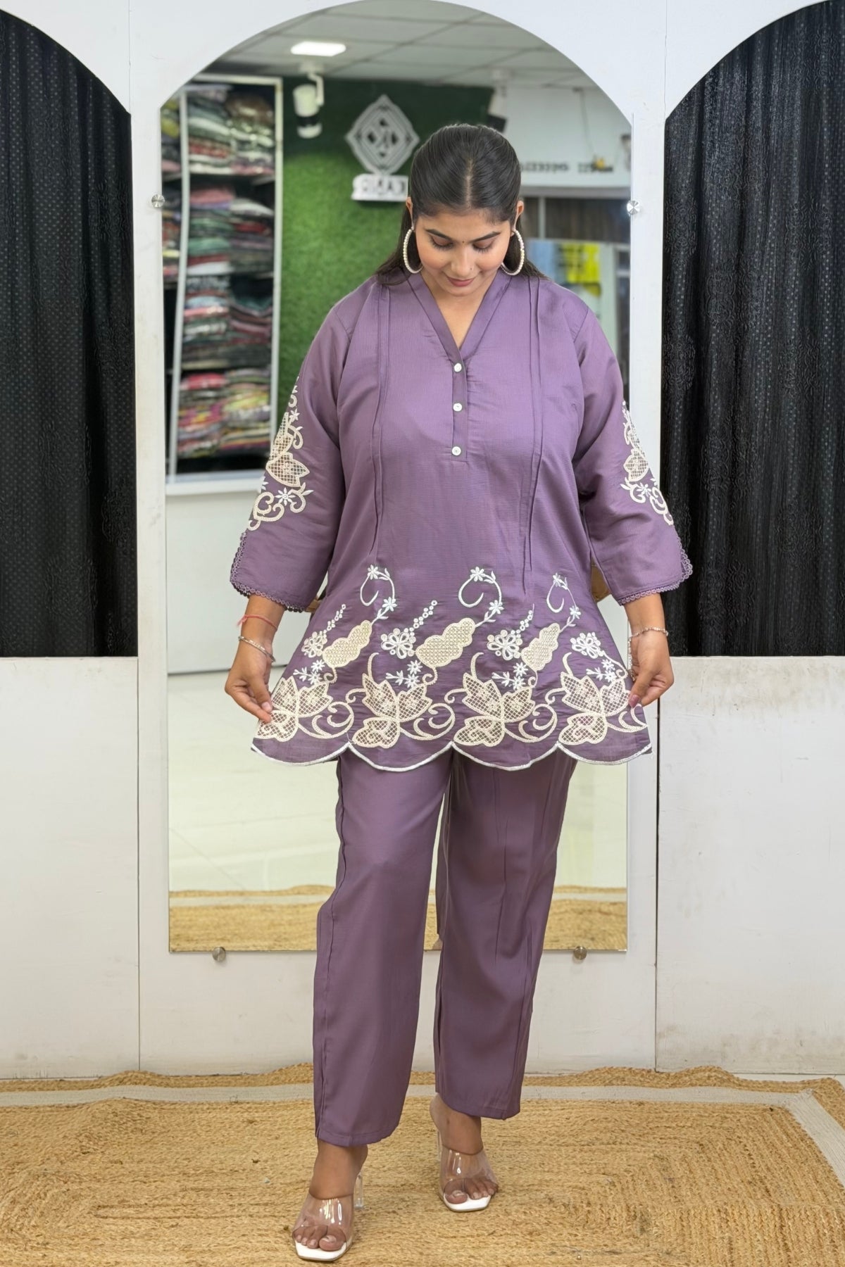 Cotton Flex Embroidered Short Tunic Trouser Cord Set with Heavy Thread Work