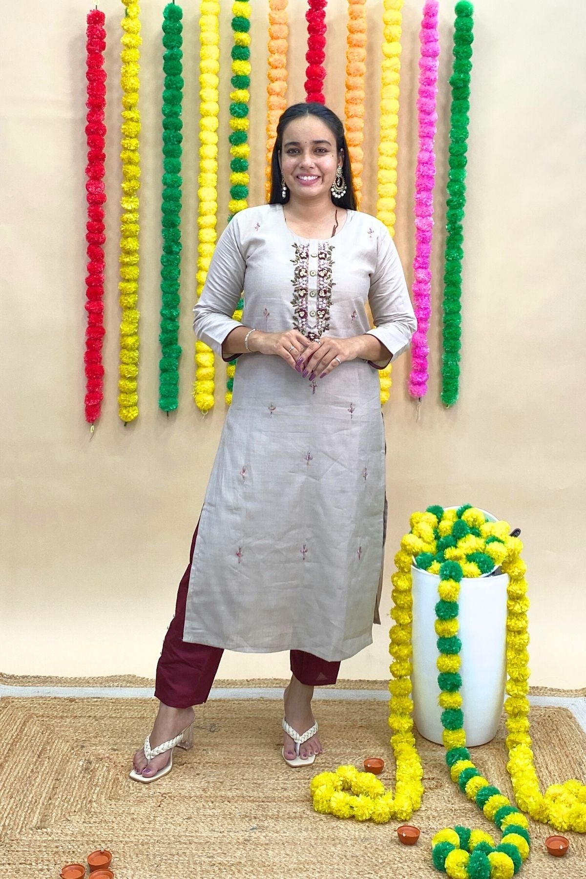 Roman Silk Grey Kurti with Maroon Pant & Banarasi Dupatta