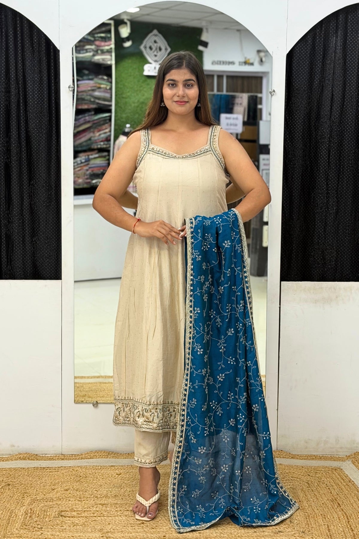 Roman Silk Sleeveless Anarkali Suit Set with Tikki Work & Contrast Embroidered Dupatta