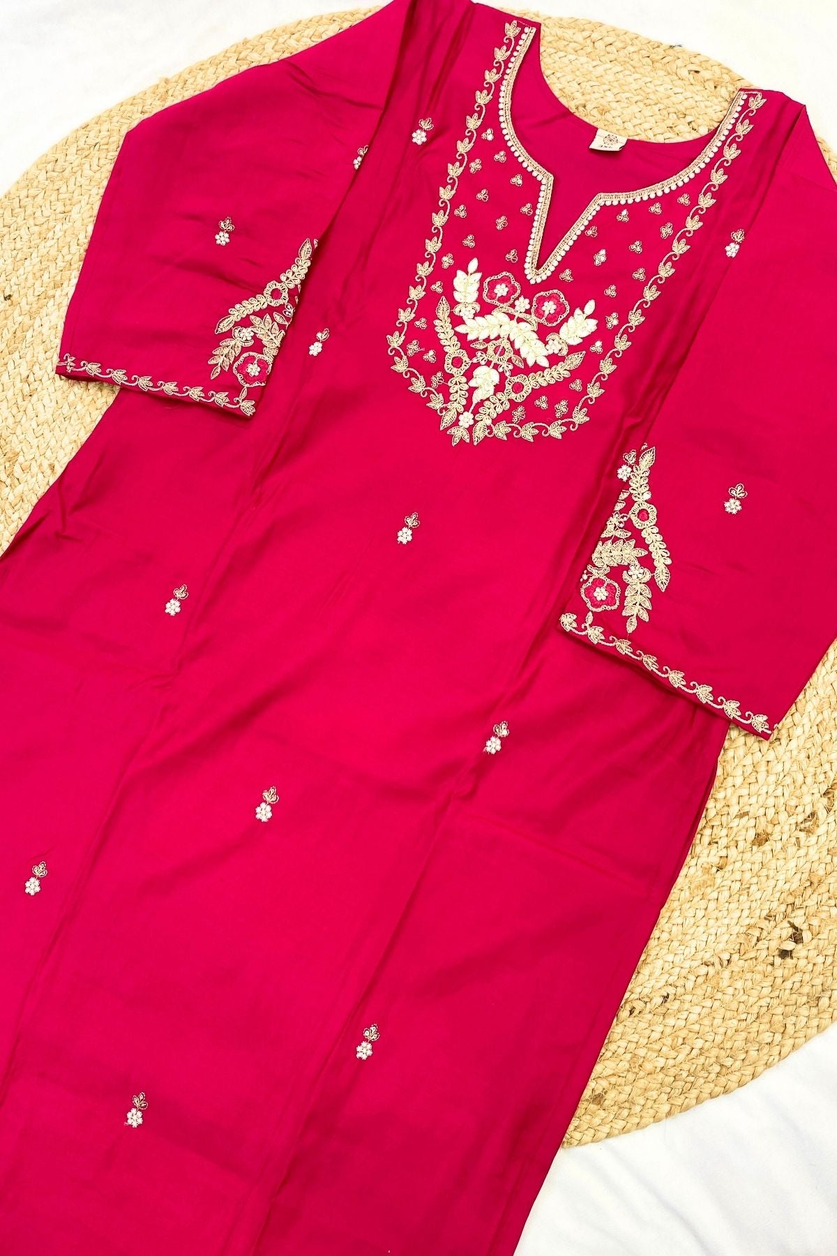 Roman Silk Kurti Pant Dupatta Set with Gotapatti Embroidered Neckline & Banarasi Dupatta