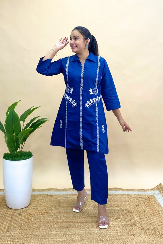 Premium Silk Embroidered Co-ord Set with Worli-Inspired Design, Kurti & Pant Set