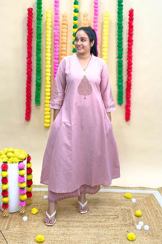 Premium Cotton Jaipuri Block Print A-Line Kurti Palazzo Co-ord Set with Pockets