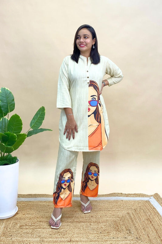 Rayon Printed Co-ord Set in Shirt-Style Top & Pants with Artistic Girl Face Print