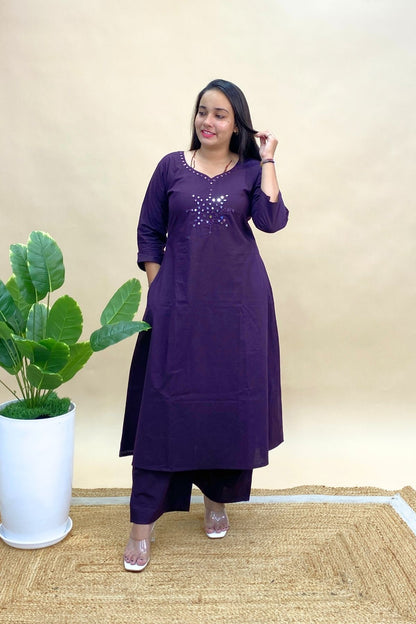 Cotton Co-ord Set with Mirror Work, Long Round Kurti & Palazzo Pants with One Side Pocket