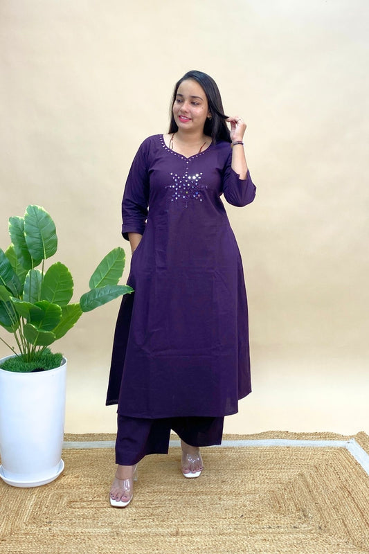 Cotton Co-ord Set with Mirror Work, Long Round Kurti & Palazzo Pants with One Side Pocket