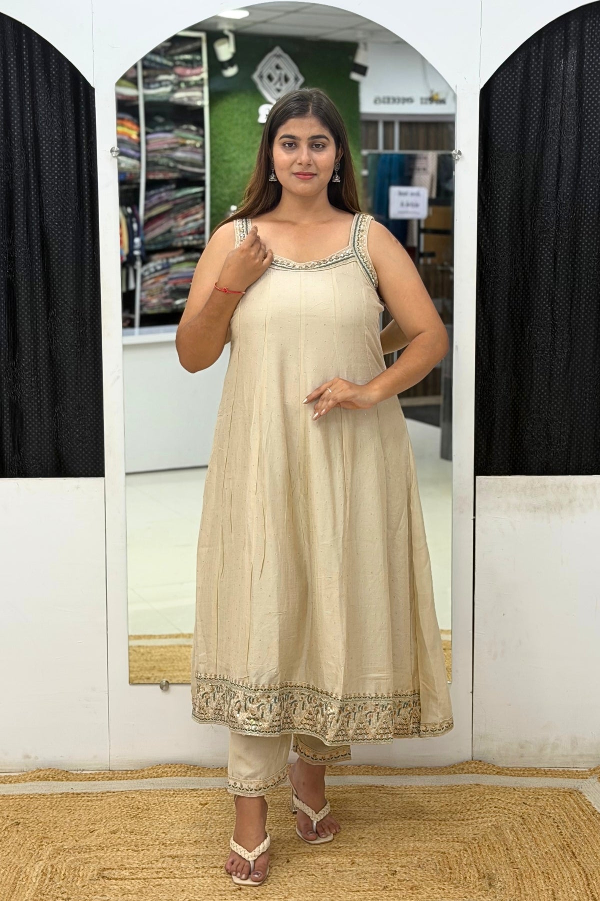 Roman Silk Sleeveless Anarkali Suit Set with Tikki Work & Contrast Embroidered Dupatta