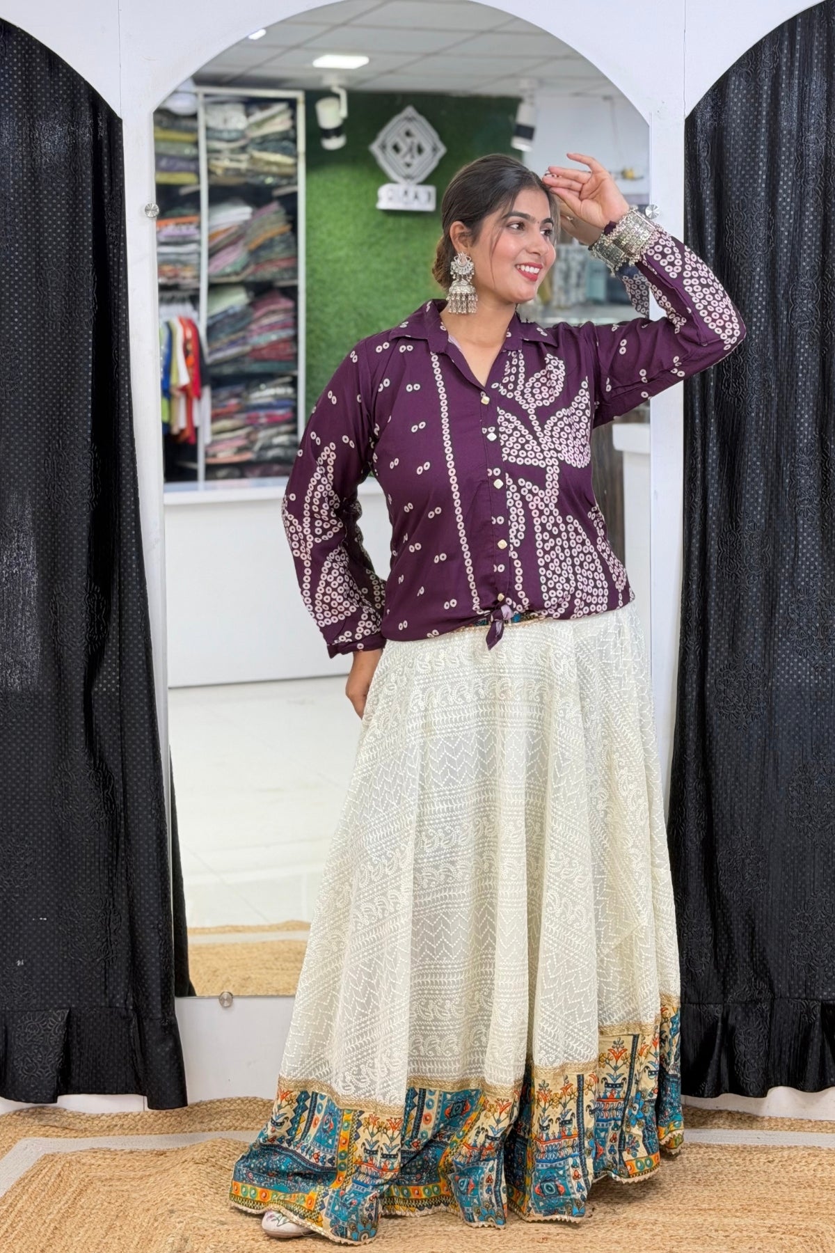Heavy Rayon Bandhej Print Full-Sleeve Ethnic Fusion Shirt Style Short Kurti
