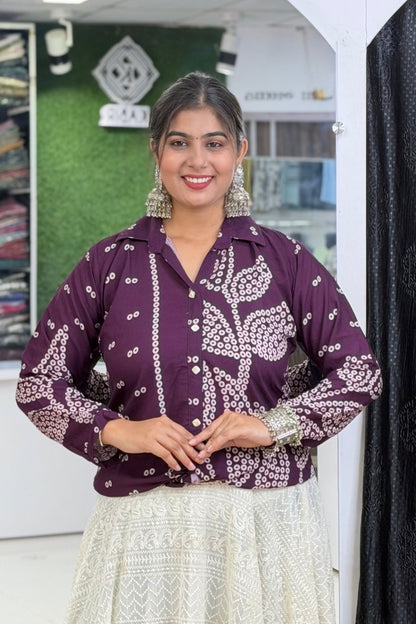 Heavy Rayon Bandhej Print Full-Sleeve Ethnic Fusion Shirt Style Short Kurti