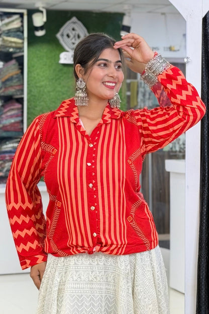 Heavy Rayon Bandhej Print Full-Sleeve Ethnic Fusion Shirt Style Short Kurti