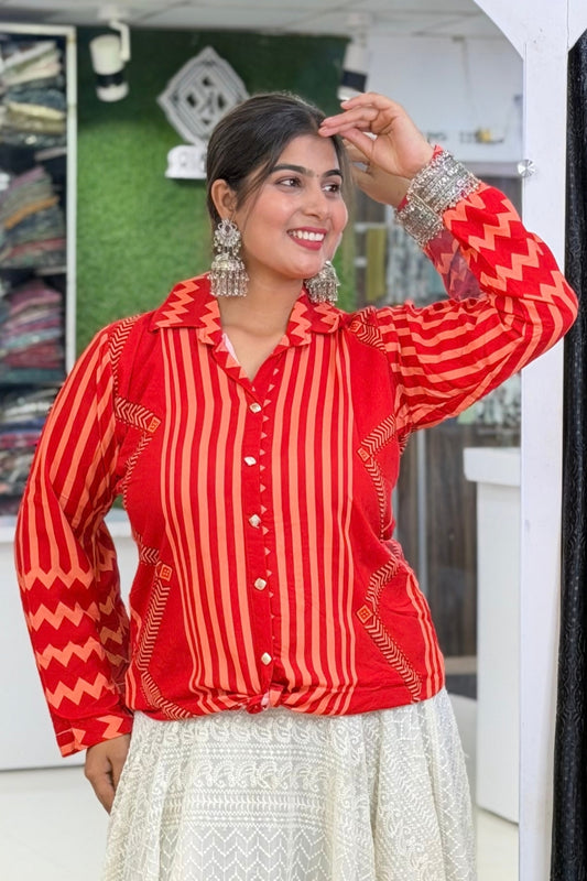 Heavy Rayon Bandhej Print Full-Sleeve Ethnic Fusion Shirt Style Short Kurti