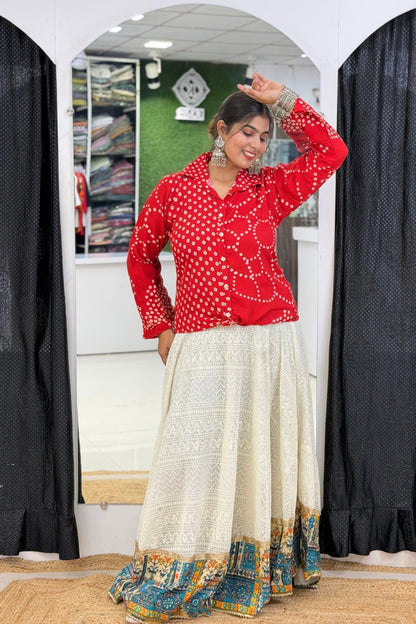 Heavy Rayon Bandhej Print Full-Sleeve Ethnic Fusion Shirt Style Short Kurti