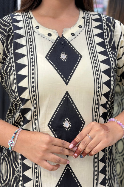Pure Cotton Placement Print Straight Kurti Palazzo Dupatta Set with Abhla Mirror Work