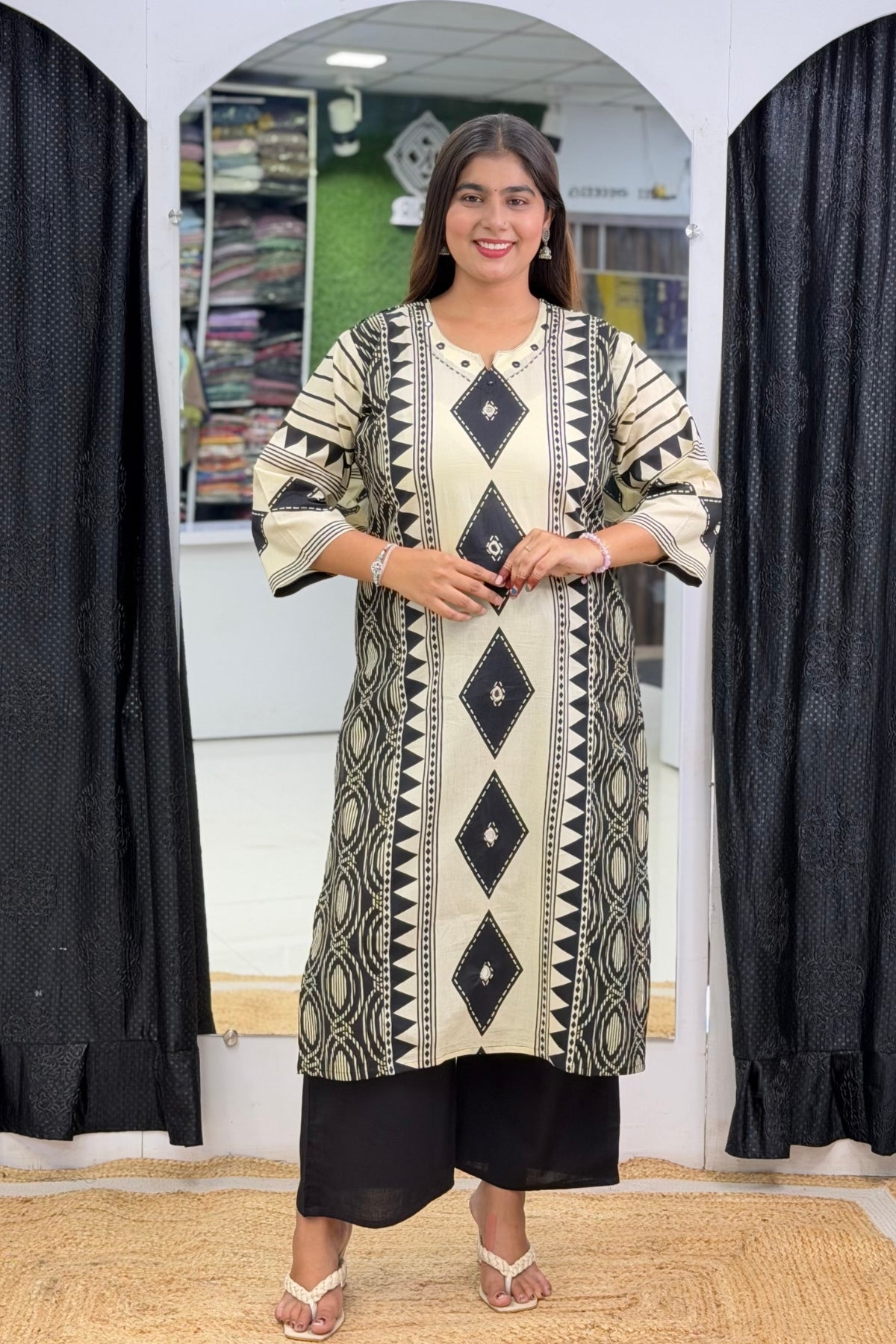 Pure Cotton Placement Print Straight Kurti Palazzo Dupatta Set with Abhla Mirror Work