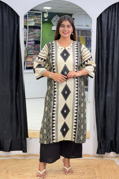 Pure Cotton Placement Print Straight Kurti Palazzo Dupatta Set with Abhla Mirror Work
