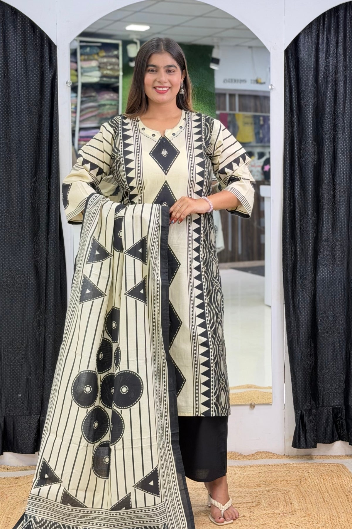 Pure Cotton Placement Print Straight Kurti Palazzo Dupatta Set with Abhla Mirror Work