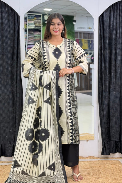 Pure Cotton Placement Print Straight Kurti Palazzo Dupatta Set with Abhla Mirror Work