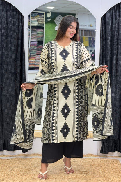Pure Cotton Placement Print Straight Kurti Palazzo Dupatta Set with Abhla Mirror Work