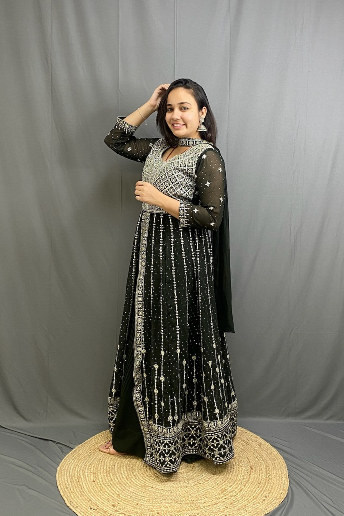 Georgette Anarkali Kurta with Middle Cut and Sequined Skirt, Stylish Neck Dupatta