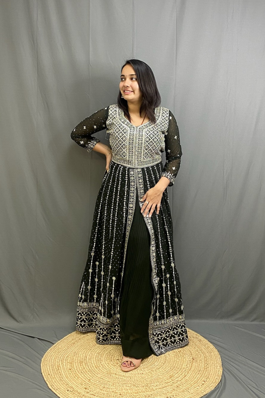 Georgette Anarkali Kurta with Middle Cut and Sequined Skirt, Stylish Neck Dupatta