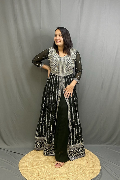 Georgette Anarkali Kurta with Middle Cut and Sequined Skirt, Stylish Neck Dupatta