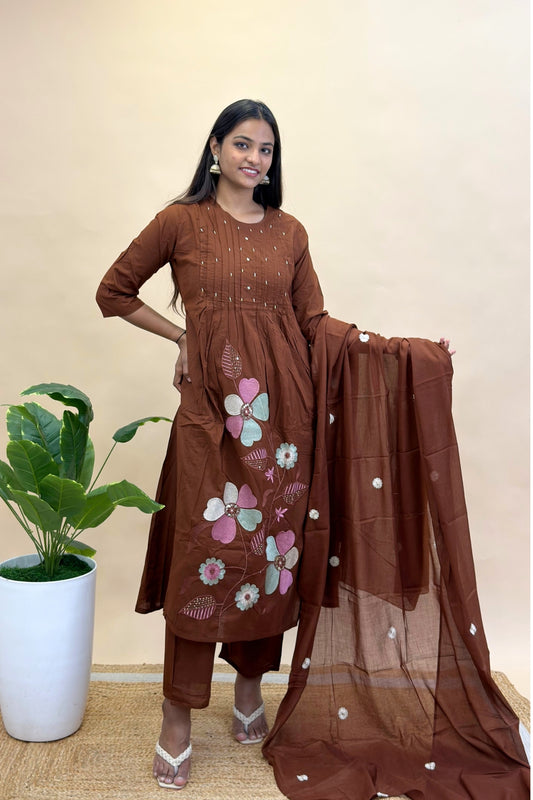 Premium Cotton Kurti Pant Dupatta Set with Pleated Neckline, Moti Work & Floral Embroidery