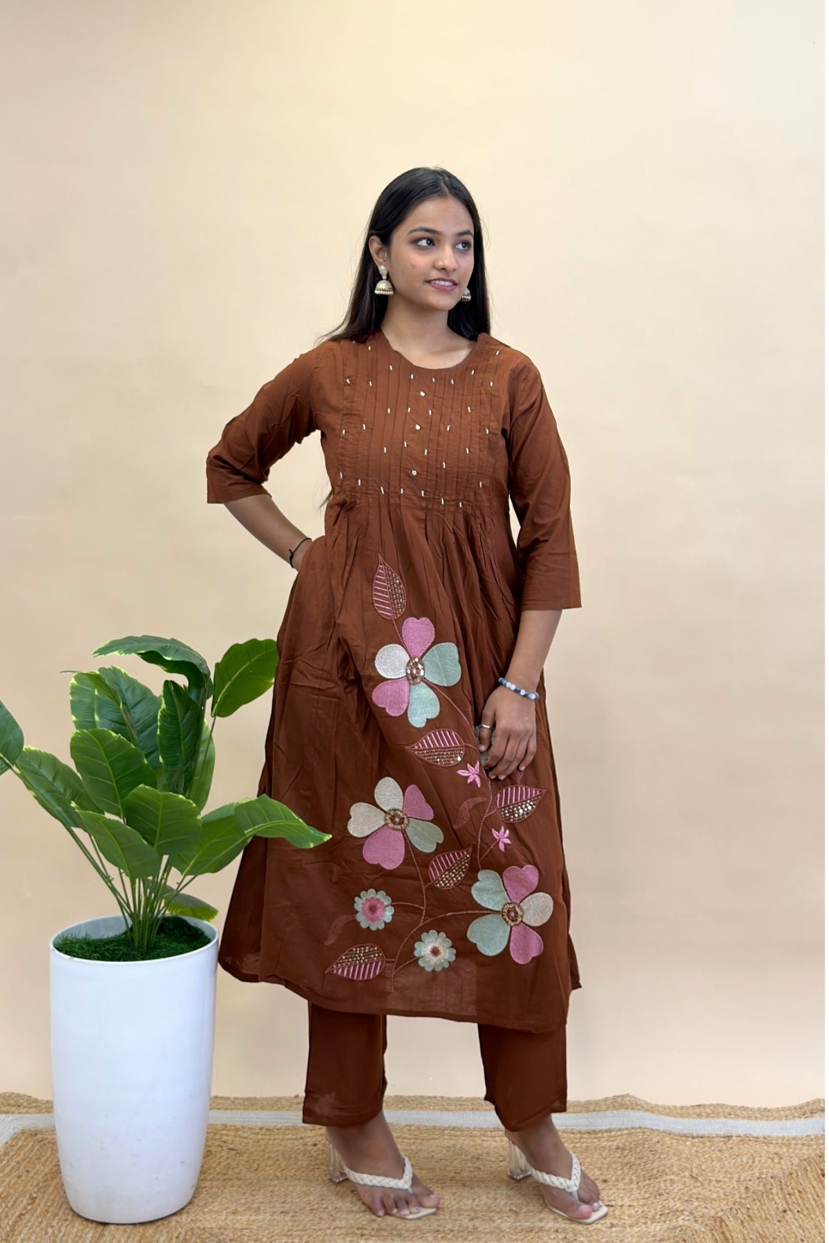Premium Cotton Kurti Pant Dupatta Set with Pleated Neckline, Moti Work & Floral Embroidery