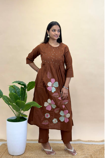 Premium Cotton Kurti Pant Dupatta Set with Pleated Neckline, Moti Work & Floral Embroidery