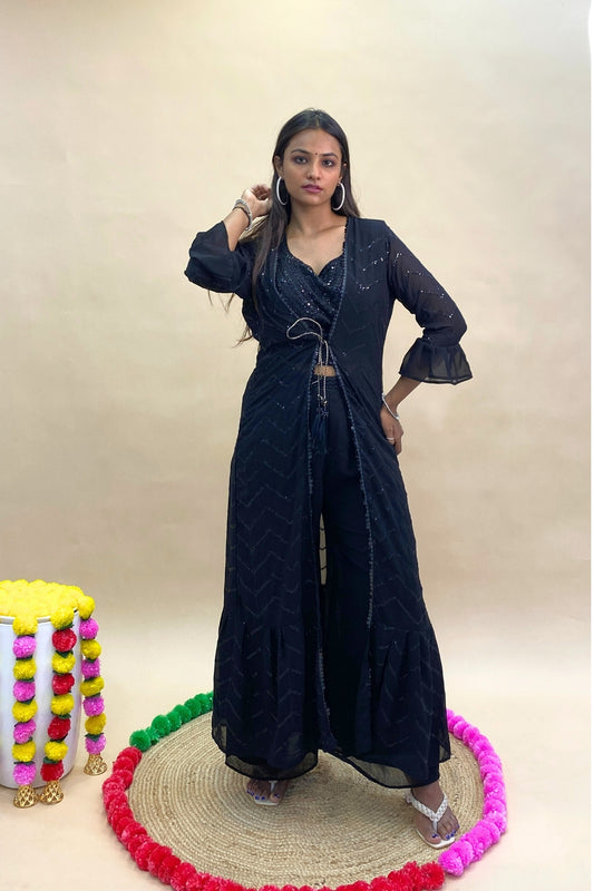 Sequin Crop Top Palazzo Set with Long Sheer Shrug – Designer Partywear 3-Piece Outfit
