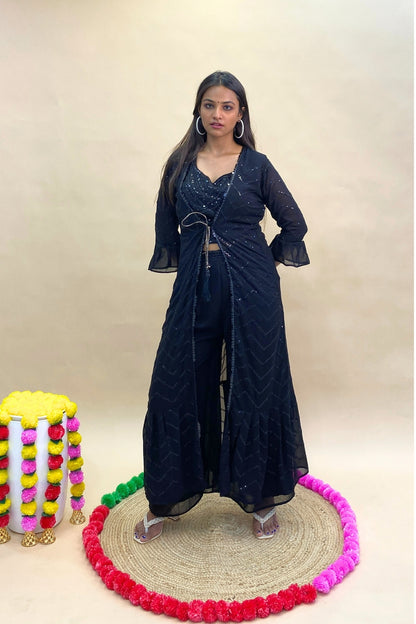 Sequin Crop Top Palazzo Set with Long Sheer Shrug – Designer Partywear 3-Piece Outfit