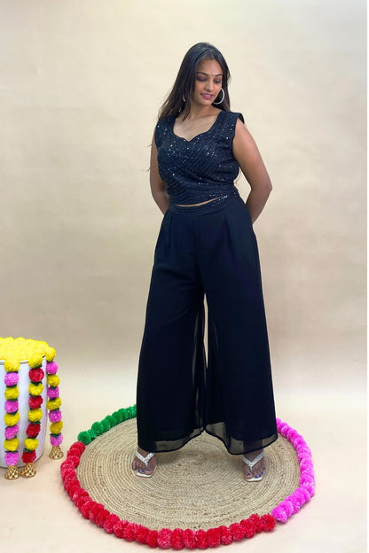 Sequin Crop Top Palazzo Set with Long Sheer Shrug – Designer Partywear 3-Piece Outfit