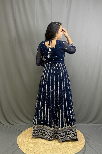 Georgette Anarkali Kurta with Middle Cut and Sequined Skirt, Stylish Neck Dupatta