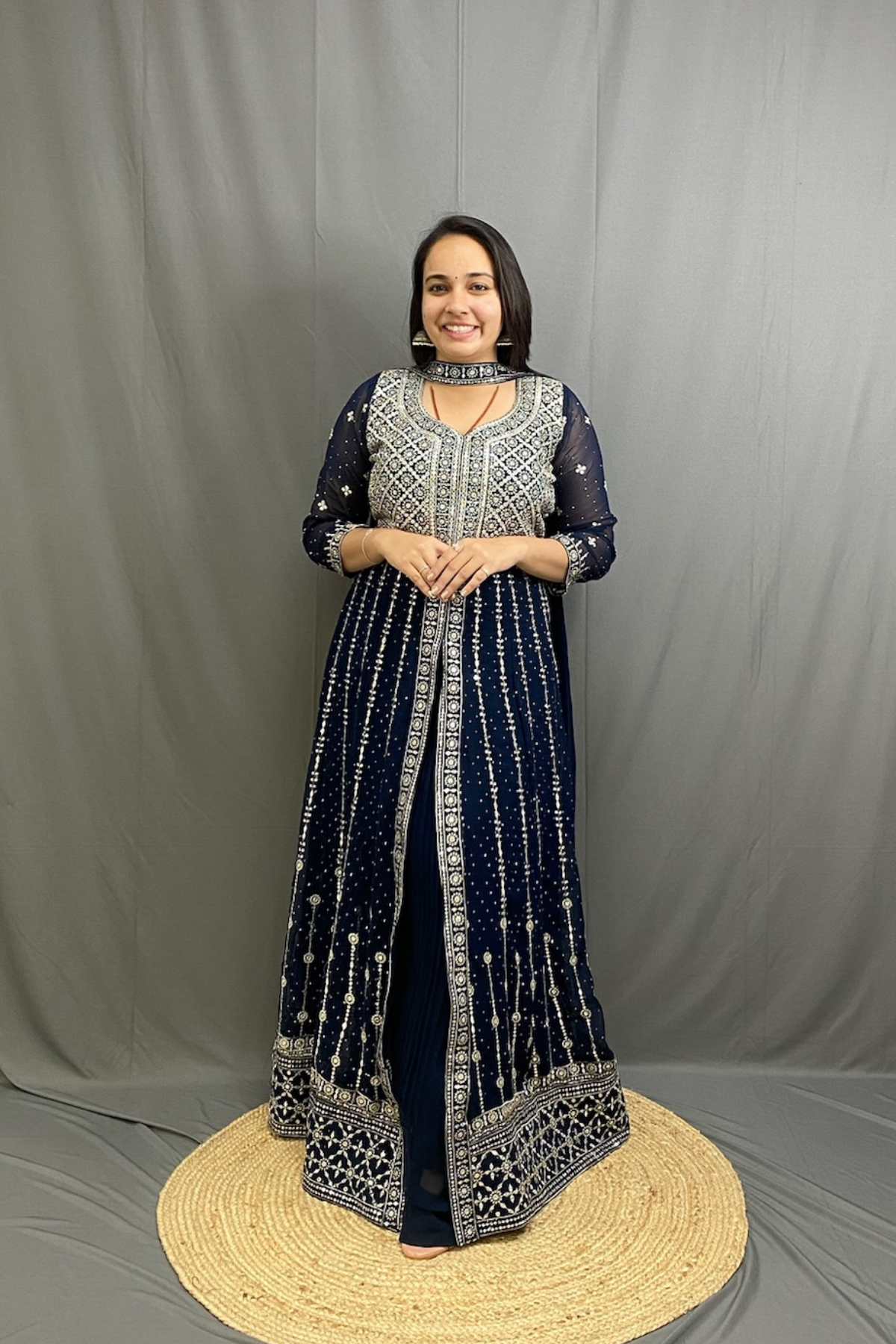 Georgette Anarkali Kurta with Middle Cut and Sequined Skirt, Stylish Neck Dupatta