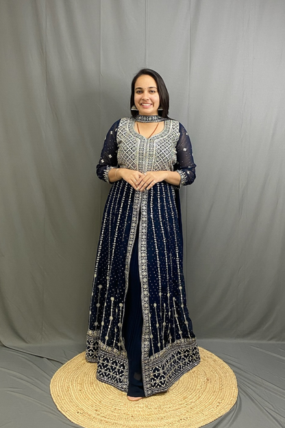 Georgette Anarkali Kurta with Middle Cut and Sequined Skirt, Stylish Neck Dupatta